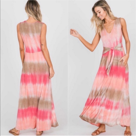 💃Boho Tie Dye Maxi Dress Pink - Picture 2 of 6